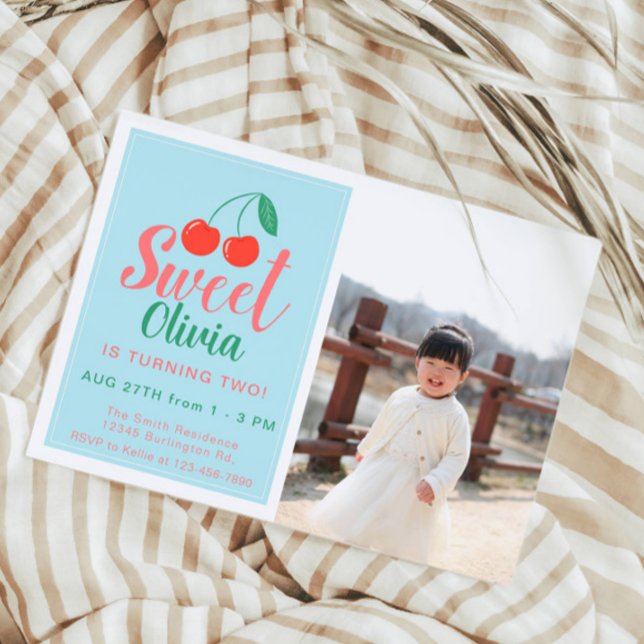 Sweet One Girl Birthday Cherry Summer Photo Inbjudningar (Skapare uppladdad)