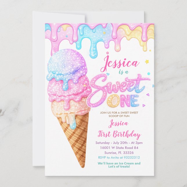 Sweet One Ice Cream Pastel Glitter Birthday  Inbjudningar (Framsida)