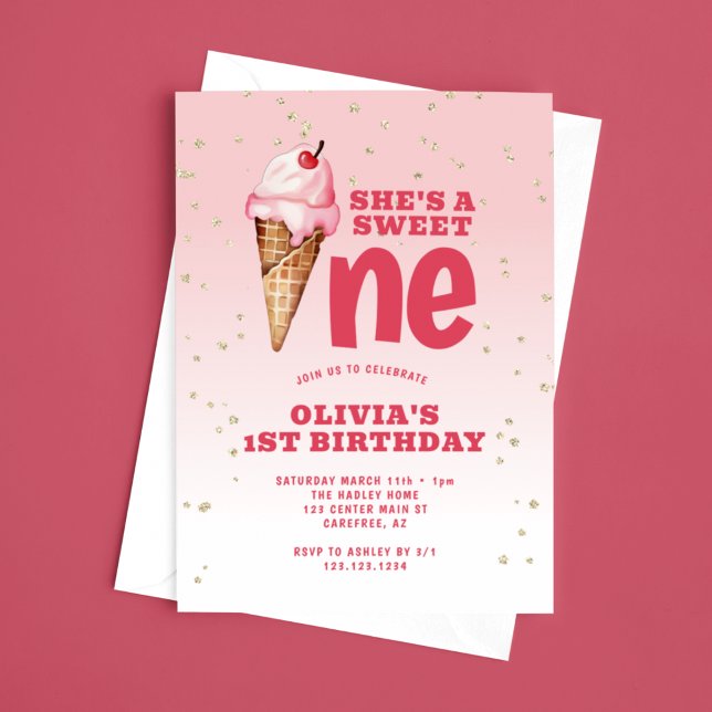 Sweet One Ice Cream Rosa 1:a födelsedagen Inbjudningar (Skapare uppladdad)