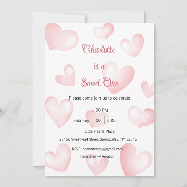 Sweet One Invitation, Sweetheart One Party, Heart Inbjudningar (Framsida)
