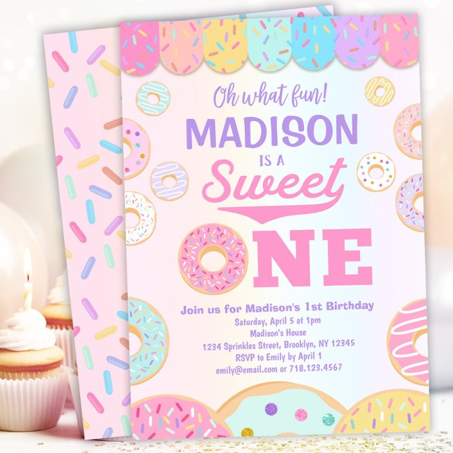 Sweet ONE Rainbow Donut 1:a födelsedagsinbjudan Inbjudningar (Skapare uppladdad)