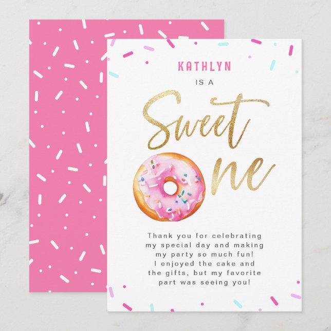 Sweet One Rosa Guld Donut Sprinkles First Birthday Tack Kort (Fram/baksida)