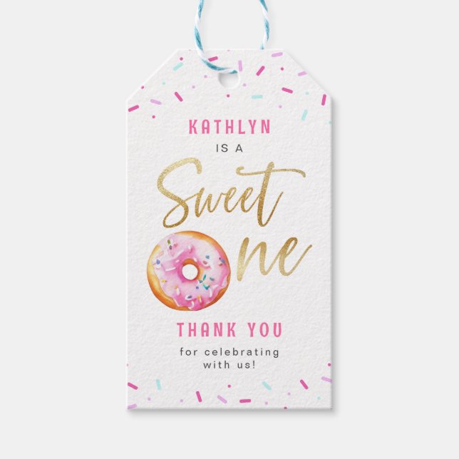 Sweet One Rosa Guld Donut Sprinkles Girl Birthday Presentetikett (Framsidan)