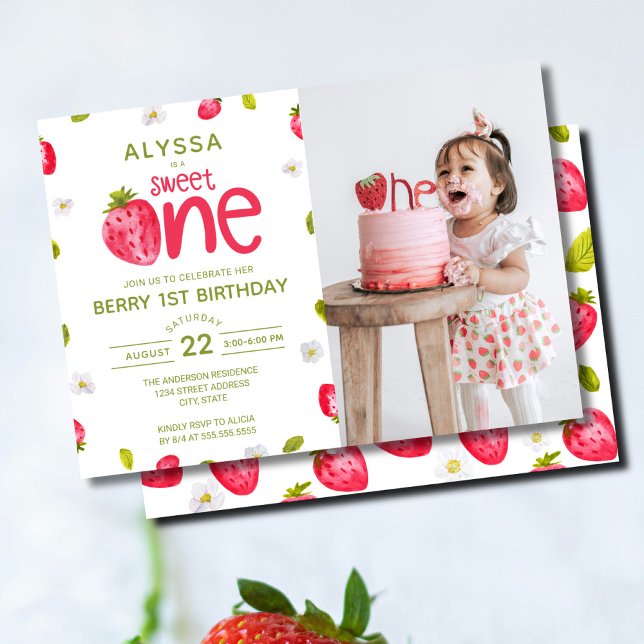 Sweet ONE Strawberry Photo Berry First Birthday Inbjudningar (Skapare uppladdad)