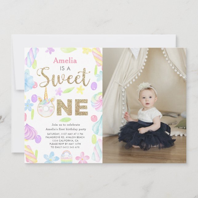 Sweet One Unicorn Donut Photo 1st Birthday Inbjudningar (Framsida)