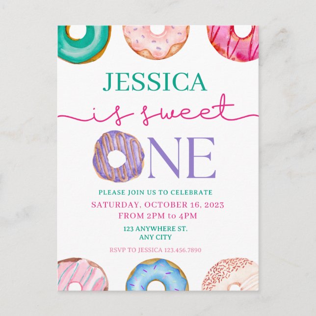 Sweet One vattenfärgdonuts 1-årsdag  Vykort (Framsida)