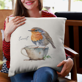 Sweet Orange Robin Tekopp Watercolor Kudde