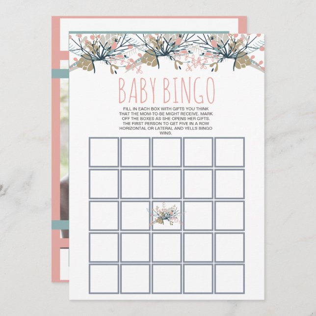 Sweet Pastel Boho Blommigt Baby Bingo Photo (Fram/baksida)