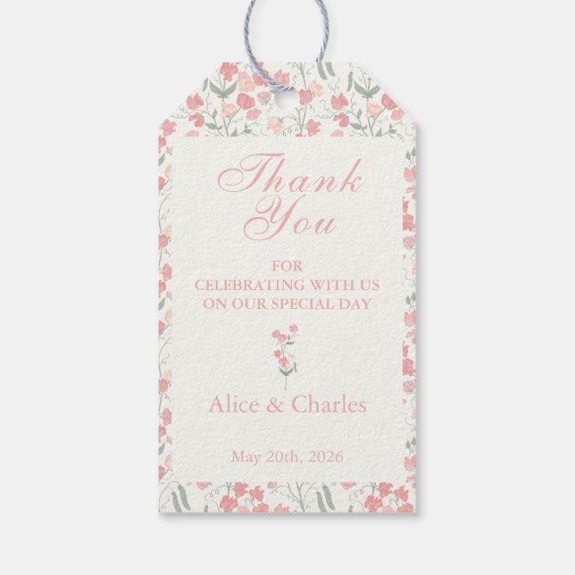 Sweet Pea Blommigt Rosa och Cream Tack Bröllop Presentetikett (Baksidan)
