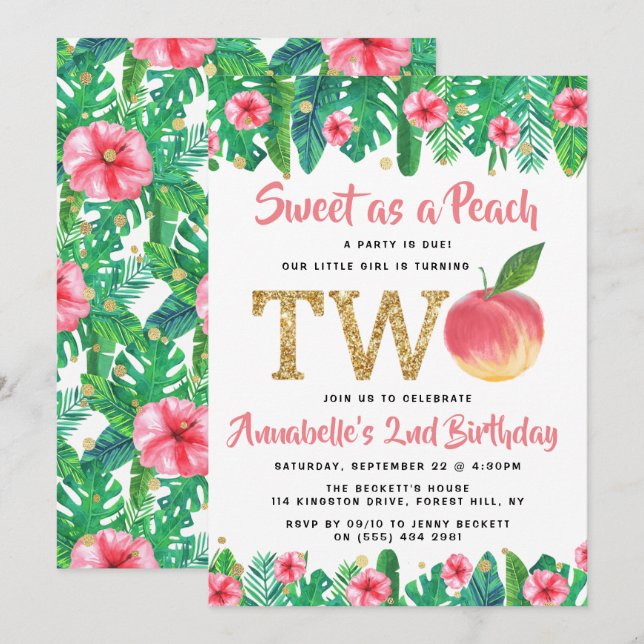 Sweet Peach Girls 2:a födelsedagen Inbjudningar (Fram/baksida)