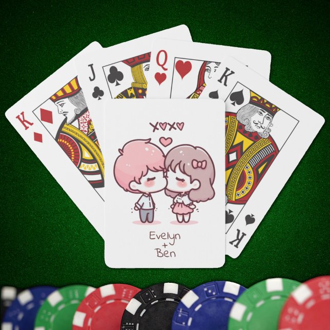 Sweet Personlig Chibi-Stil Kissing Couple Casinokort (Sweet Personalized Chibi-Style Kissing Couple Playing Cards)