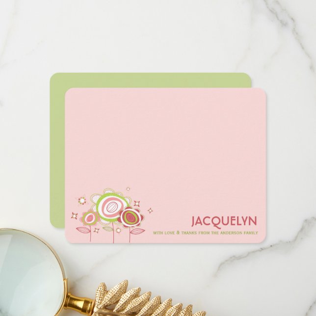 Sweet Petite Rosa Blommar Blommigt Girl Baby Showe Tack Kort (Fram/Back In Situ)