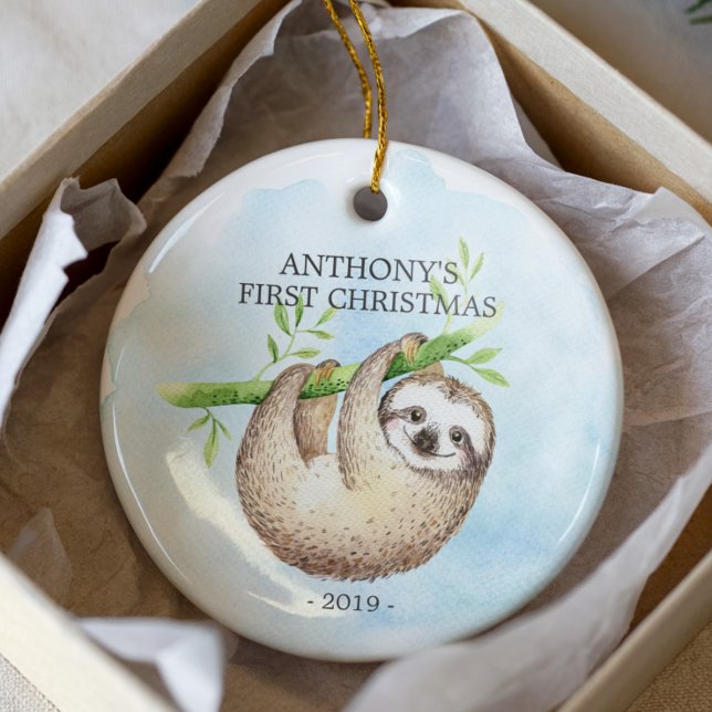Sweet Photo Sloth Baby första julprydnaden Julgransprydnad Keramik (Skapare uppladdad)