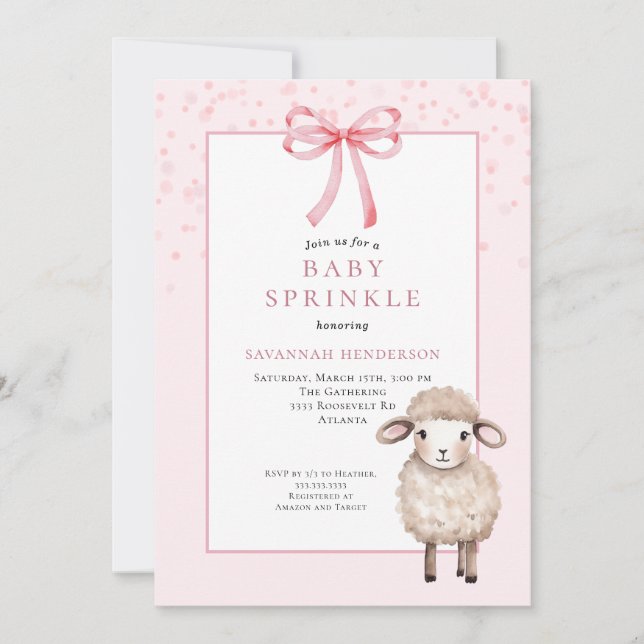 Sweet Pink Baby Sprinkle with Bow & Cute Lamb  Inbjudningar (Framsida)