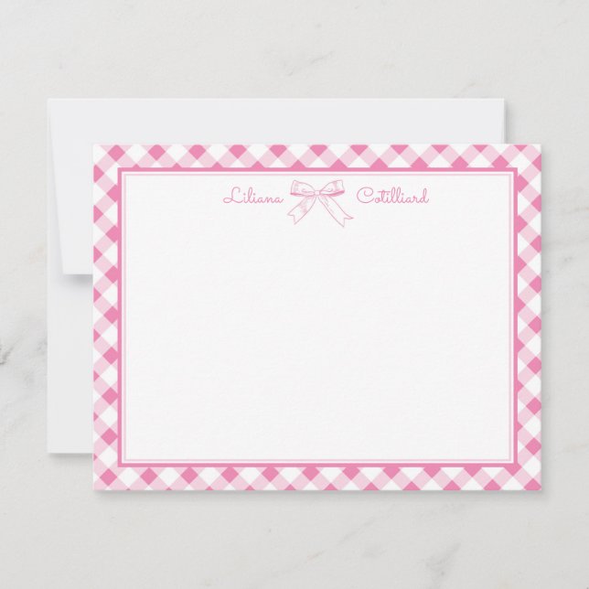 Sweet Pink Bow and Gingham Note Card Anteckningskort (Framsida)