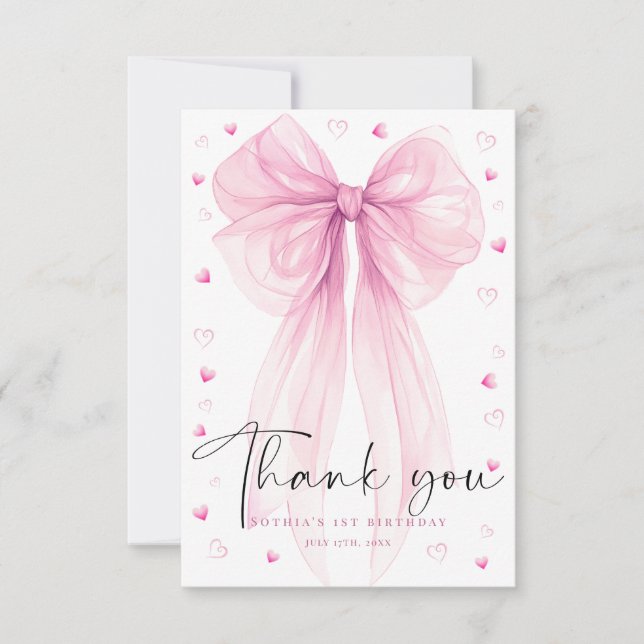 Sweet Pink Bow First Birthday Thank You Card Tack Kort (Framsida)