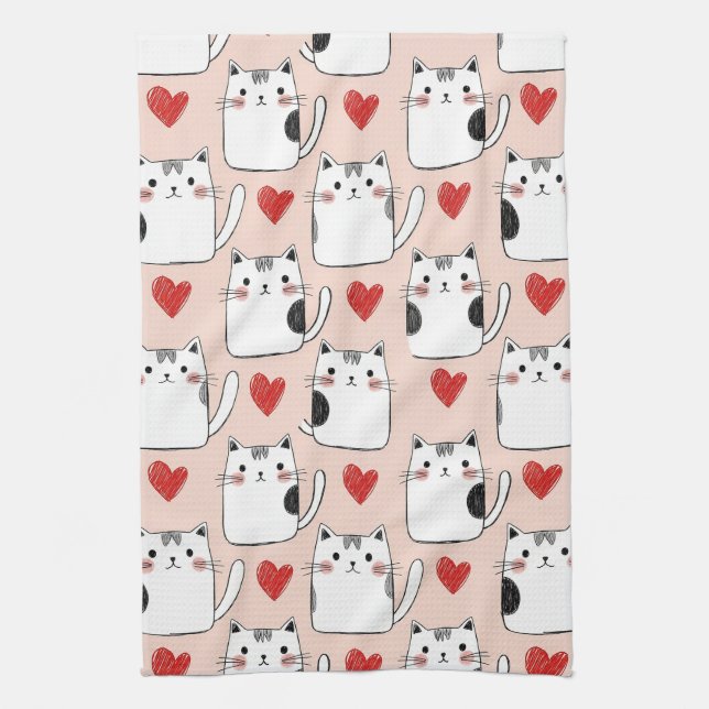 Sweet Pink Kawaii Cats & Hearts Pattern (5) Kökshandduk (Vertikal)