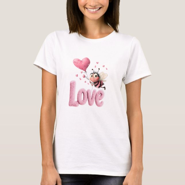 Sweet Pink Love Bee Heart Valentine's Day  T Shirt (Framsida)