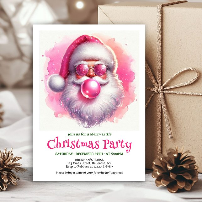 Sweet pink santa chewing gum watercolor Christmas Inbjudningar (Sweet pink santa chewing gum watercolor Xmas invite)