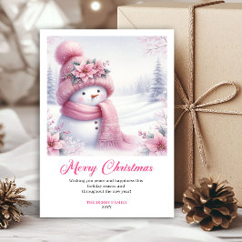 Sweet pink snowman Christmas kids card editable Julkort