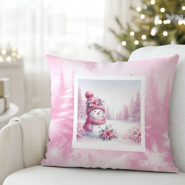 Sweet Pink Snowman Pillow Cute Christmas Scene Kudde (Sweet Pink Snowman Pillow Cute Christmas Scene)