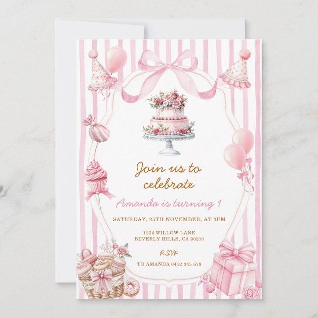 Sweet Pink Stripe Bow Girl Birthday Invitation Inbjudningar (Framsida)