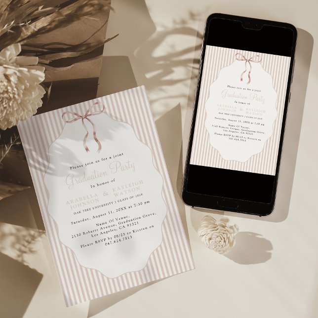 Sweet Pinstriped Beige Bow Joint Graduation Inbjudningar (Skapare uppladdad)