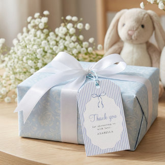 Sweet Pinstriped Blue Bow Baby Shower Thank You Presentetikett
