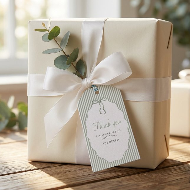 Sweet Pinstriped Green Bow Baby Shower Thank You Presentetikett (Skapare uppladdad)