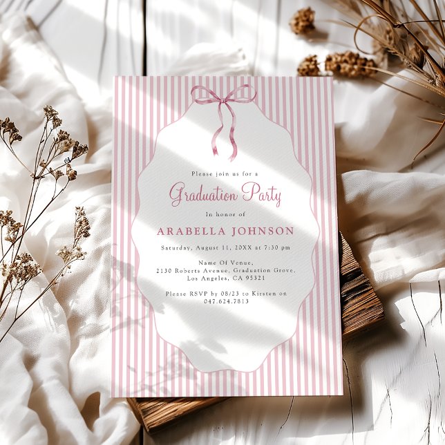 Sweet Pinstriped Pink Bow Graduation Inbjudningar (Skapare uppladdad)