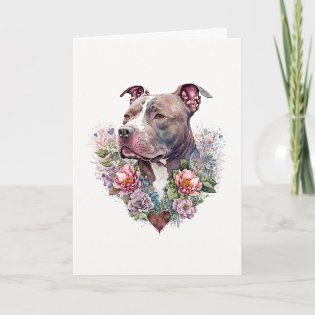 Sweet Pit Bull Dog med Flowers Valentine Day Helgkort (Framsida)