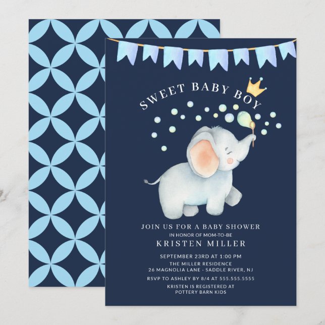 Sweet Pojke Elephant Baby Shower Inbjudningar (Fram/baksida)