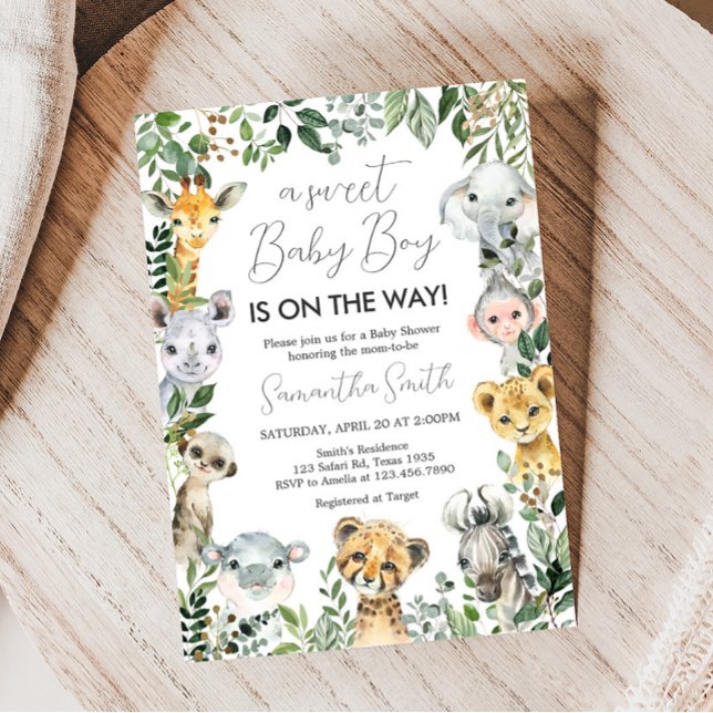 Sweet Pojke Safari Baby Shower Inbjudningar (Greenery Safari Animals Baby Shower Invitation )
