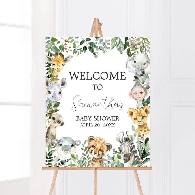 Sweet Pojke Safari Baby Shower Välkommen Poster (Greenery Safari Animals Baby Shower Welcome Sign)