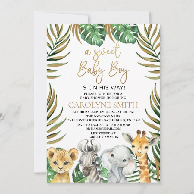 Sweet Pojke Safari Jungle Animals Baby Shower Inbjudningar (Framsida)