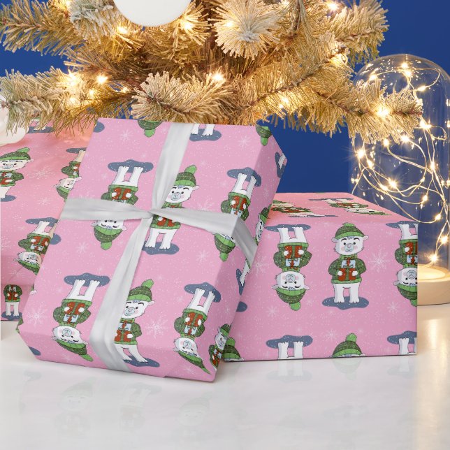 Sweet Polar Bear With Gifts Pink Wrapping Paper Presentpapper (Helgdagar)