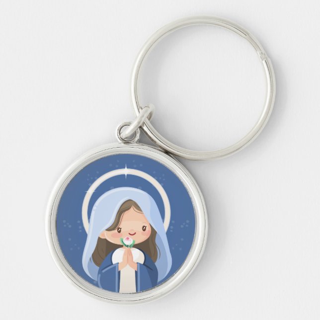 Sweet Praying Kawaii Virgin Mary - Navy Blue Rund Silverfärgad Nyckelring (Framsidan)