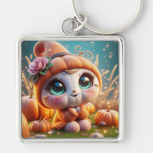 Sweet Pumpkin Fyrkantig Silverfärgad Nyckelring (Framsidan)