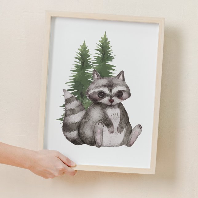 Sweet Raccoon Gräs Träd Woodland Nursery Decor Poster (Sweet Raccoon Pine Tree Woodland Nursery Decor)