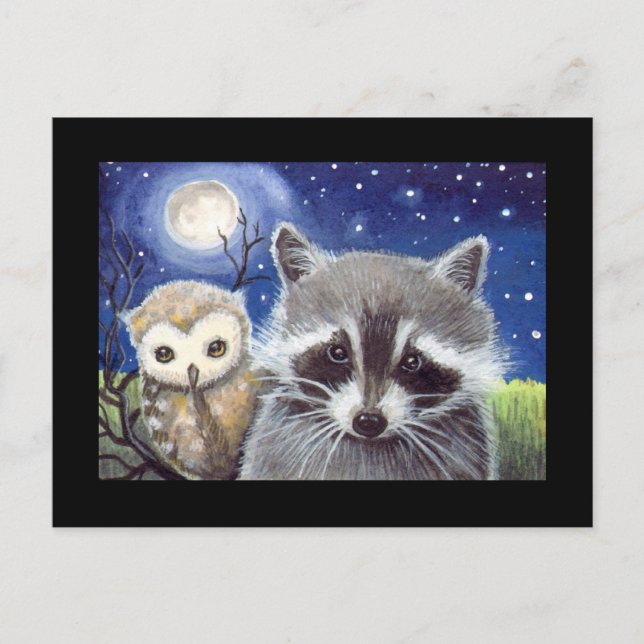 Sweet Raccoon och Uggla Art Vykort (Framsida)