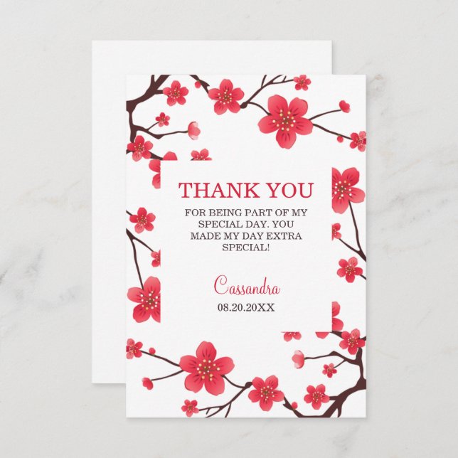 Sweet Red Cherry Blossom Sakura Floral Birthday Tack Kort (Fram/baksida)
