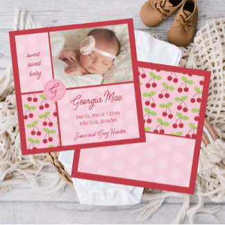 Sweet Red Cherry Flicka Birth Announcement Meddelande