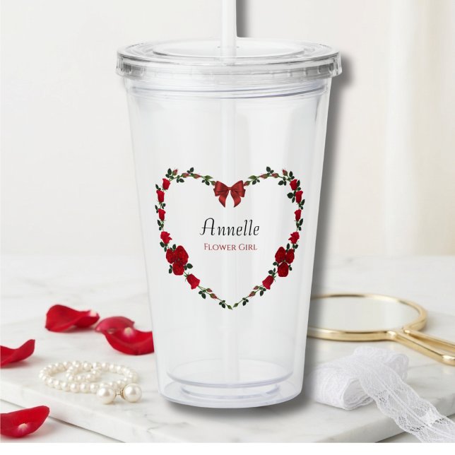 Sweet Red Roses Flower Girl Gift Take Away Mugg (Sweet Personalized Flower Girl Tumbler featuring a Romantic Red Rose Heart Design)
