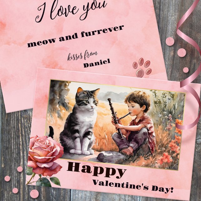 Sweet Romantic Funny Cat Alla hjärtans dag Card Julkort (A sweet funny Valentine's Day card with a watercolor of a boy singing a love song for a cute kitty)