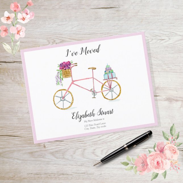 Sweet Rosa Bike with Flowers Paket Jag har Flyttat Meddelande Vykort (Skapare uppladdad)
