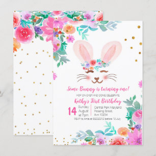 Sweet Rosa Blommigt Bunny 1:a födelsedagen Inbjudningar