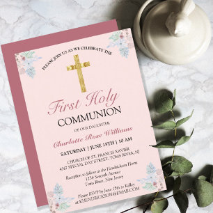 Sweet Rosa Blommigt Girls First Heliga Communion Inbjudningar