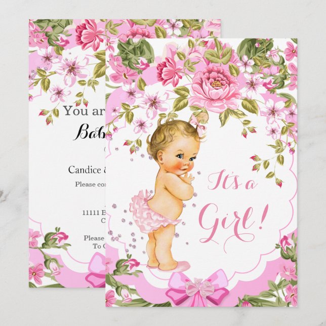 Sweet Rosa Blommigt Ro Baby Shower Girl Blonde Inbjudningar (Fram/baksida)