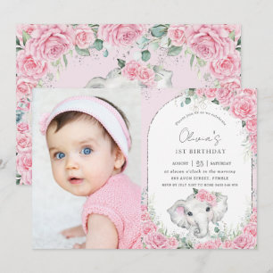 Sweet Rosa Blommigt Ro Elephant Birthday Photo Inbjudningar