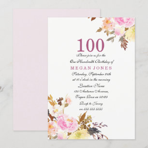 Sweet Rosa Blommigt Script 100:e födelsedagsinbjud Inbjudningar